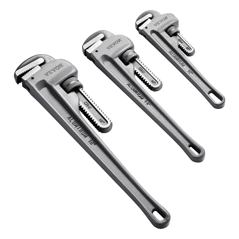 VEVOR 3-Piece CRV Alloy Pipe Wrench Set, 10-in/14-in/18-in Lightweight Aluminum Straight Wrenches, 52HRC Hardened High-Strength Jaw, Ergonomic Handle, Smooth Singlehand Easy Adjustment, Hangable Design, Mechanic Tools for Plumbing, Automotive Repairs