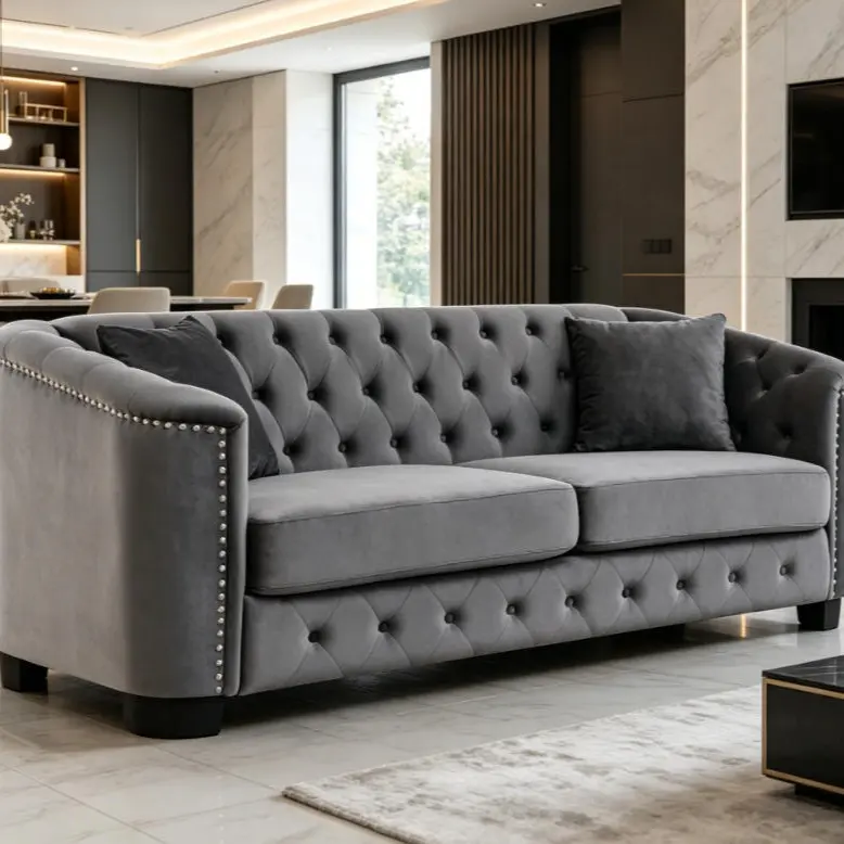 Grey + Velvet + 3 Seat + Foam