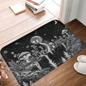 Flannel Household Oval Trippy Mushroom Rug - Black and White Galaxy Waterfall Moon Stars Print, Witchy Goth Aesthetic, Rubber Non-Slip Soft Carpet for Bathroom, Meditation Room, Hippie Gift