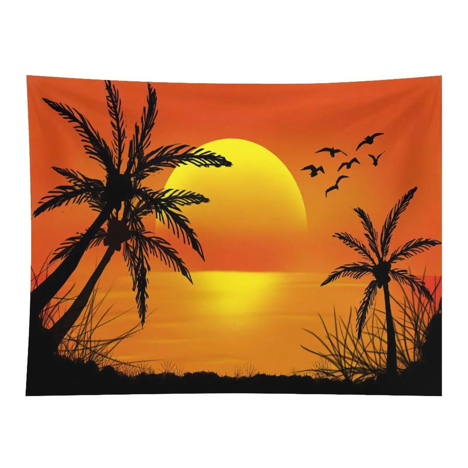 Tropical Sunset Palm Tree Silhouette Tapestry - Orange Ocean Seaview, Flying Birds, Multi-Size Beach Vibes Summer Wall Art Decor for Indoor Room Home Supplies, Indoors