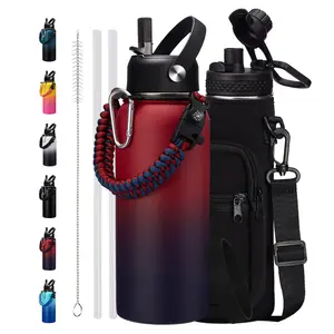 32oz Stainless Steel Water Bottles - 32/40/64/128oz Leakproof Insulated Water Bottle with Straw & Spout Lids, Paracord Handle, Carrier Bag with Strap, Protective Cup Mat, Keep Cold-48H & Hot-12H