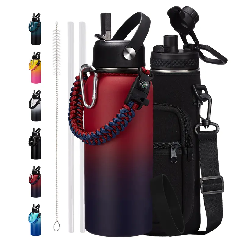 32oz Stainless Steel Water Bottles - 32/40/64/128oz Leakproof Insulated Water Bottle with Straw & Spout Lids, Paracord Handle, Carrier Bag with Strap, Protective Cup Mat, Keep Cold-48H & Hot-12H