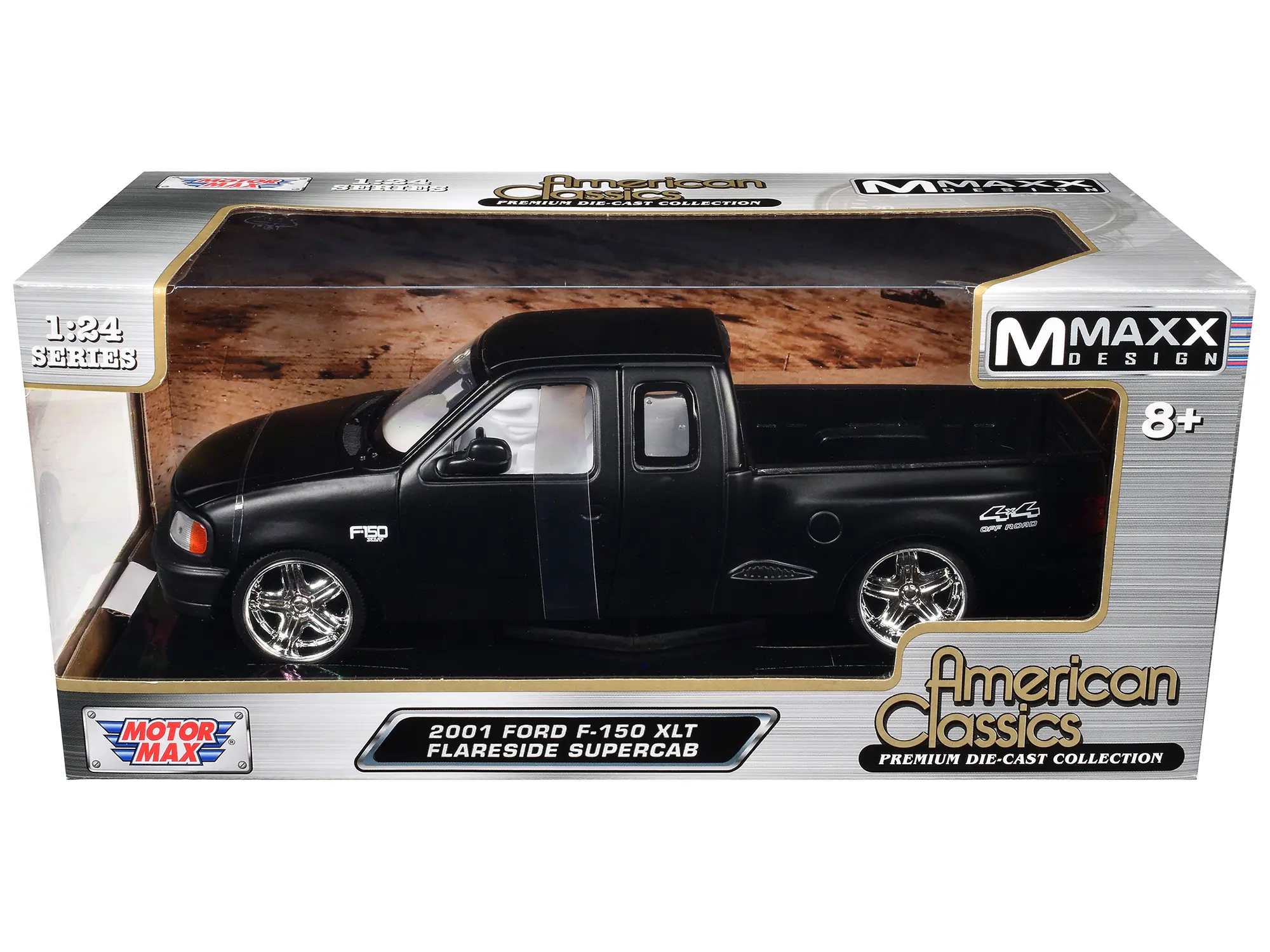 2001 Ford F-150 XLT Flareside Supercab Truck Matt Black w/White Interior "American Classics" 1/24 Die Cast Model Car by Motormax