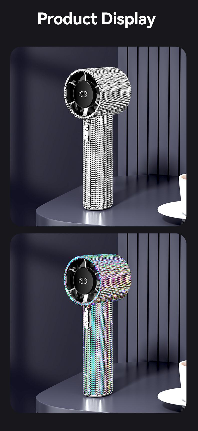 Diamond-Shimmering Luxury Fan-A Portable Handheld Turbo Fan 3 Gear Wind Rechargeable Long Battery Life Hand Fan With Digital Display For Outdoor Activities Travel Office Strong Boosting Output Long Distance Blowing