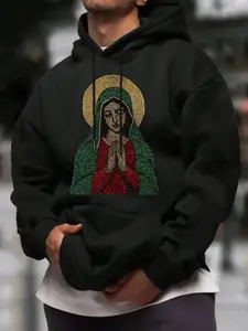 Tiktok Religious Aesthetic Hoodie, Sparkle Virgin Mary Dark Hooded Sweatshirt, Gold Block, Streetwear Style