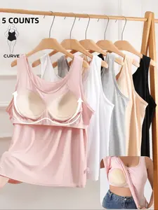 3/5 COUNTS【Plus Size】 Solid Color Women 's Tank Top Built in bra, Casual Soft Comfortable Breathable Top, Women's Plus Size Tanks for All Seasons,For Daily and Outdoor Wear,High  stretch