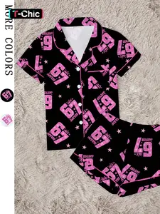 67 six seven Women's Comfortable Cute Elastic Sleepwear Loungewear Pajama Set, Spring Lapel Shirt and Pants Two-Piece, Short Sleeve Shorts, Party Wear