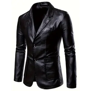 Casual   Menswear Men's Slim Fit PU Leather Jacket - Windproof Brown Blazer with Lapel Collar, Long Sleeves & Side Pockets, Single-Breasted Button Front, Polyester Lining for Casual & Formal Wear