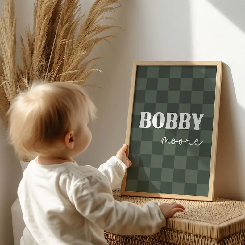 Personalised Full Name Print, Checkerboard Modern Wall Art, Boys & Girls Bedroom Nursery Decor, Unframed Nursery Wall Art Print, Boy's Girl’s Room Decor Gift Floral Ornaments