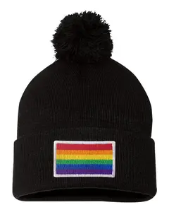 Rainbow Gay & Lesbian Pride Flag Embroidered Knit Beanie Pom Cap