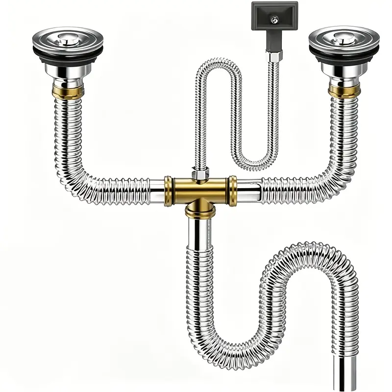 Double Sink Drain Kit, Stainless Steel Corrugated Flexible Drain Hose, Adjustable Sink Drain Pipe Kit for Kitchen & Bathroom Sinks, Fits 1-1/2" & 1-1/4", with or Without Overflow