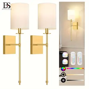 Bosceos Battery Operated Wall Sconces Set Of 2 with Remote Control, Indoor Not Hardwired Dimmable Wall Lamps with White Fabric Shade, Rechargeable Wireless Wall Lights for Bedroom, 2 Bulbs Included