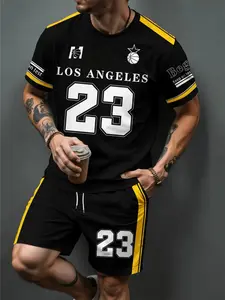 Men's 3D Los Angeles letter stripe print casual, stylish and Fitted everyday set, a two-piece set including a summer sporty crew neck short-sleeved top and drawstring shorts, suitable for outdoor and street wear.