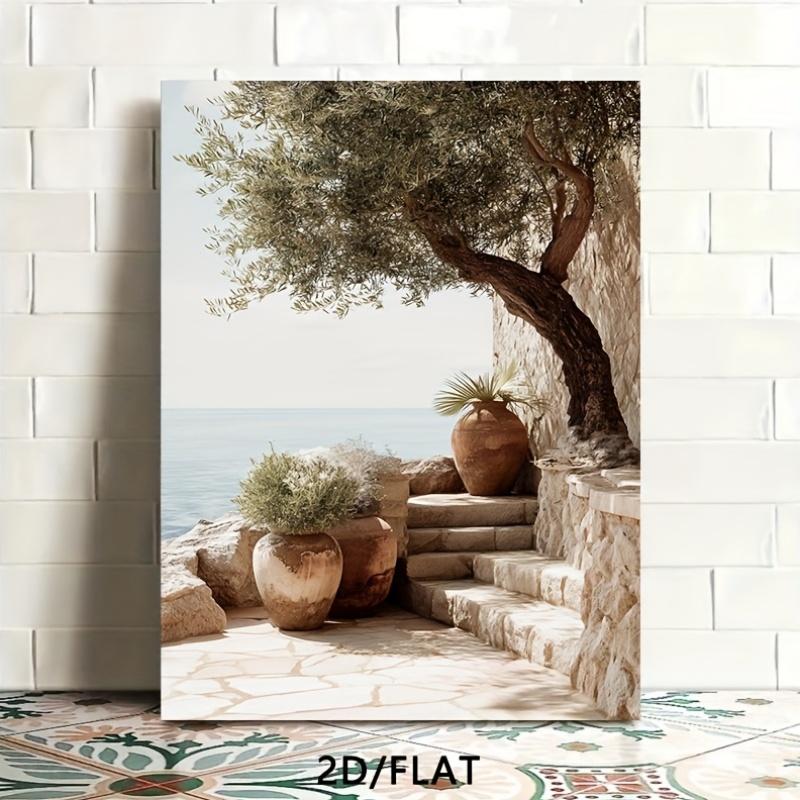 2D Flat Olive Tree Stone Steps Terracotta Pot Mediterranean Wall Art Print, Canvas Wrapped, Hook Type, Rustic Art Deco, Ideal for Living Room, Bedroom, Office, Dining Room, Coffee Shop, Holiday Gift, Outdoor Indoor, Modern Style, Solid Pattern