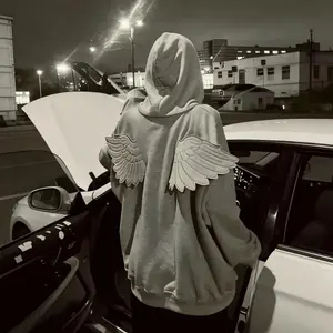 Y2K Angel Wings hooded sweatshirt, new 2026 release solid color zipper street cute personalized top role-playing outfit