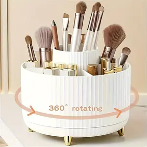 360 Degree Rotating Makeup Organizer Box, 5 Compartment Plastic Storage Tray, Durable Odorless Desktop Holder, Luxe Stripe Design, Cosmetics Organizer, Rotatable Cosmetic Organizer