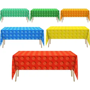 54 x 108 Inch Colorful Building Block Tablecloths Disposable  Table Cover Building Block Theme Party Decoration Brick Table Cloth for Birthday(Yellow Red Blue Green Orange,6 Pcs)