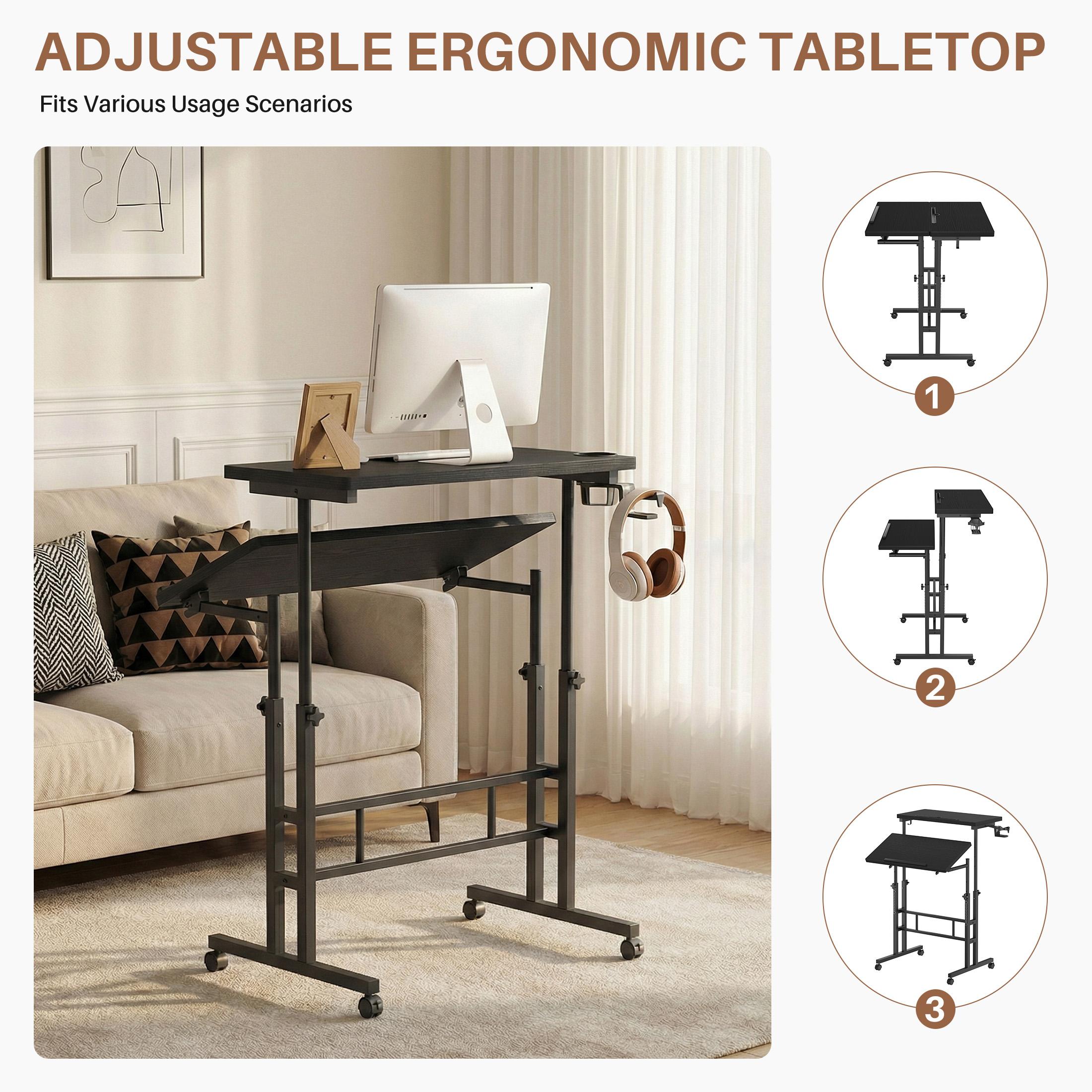 Adjustable Standing Desk , Rolling Sit Stand Desk with Wheels for Walking Pad, Small Mobile Computer Desk for Home Office, Portable Height Adjustable Desk 27.05"-45.28", Black