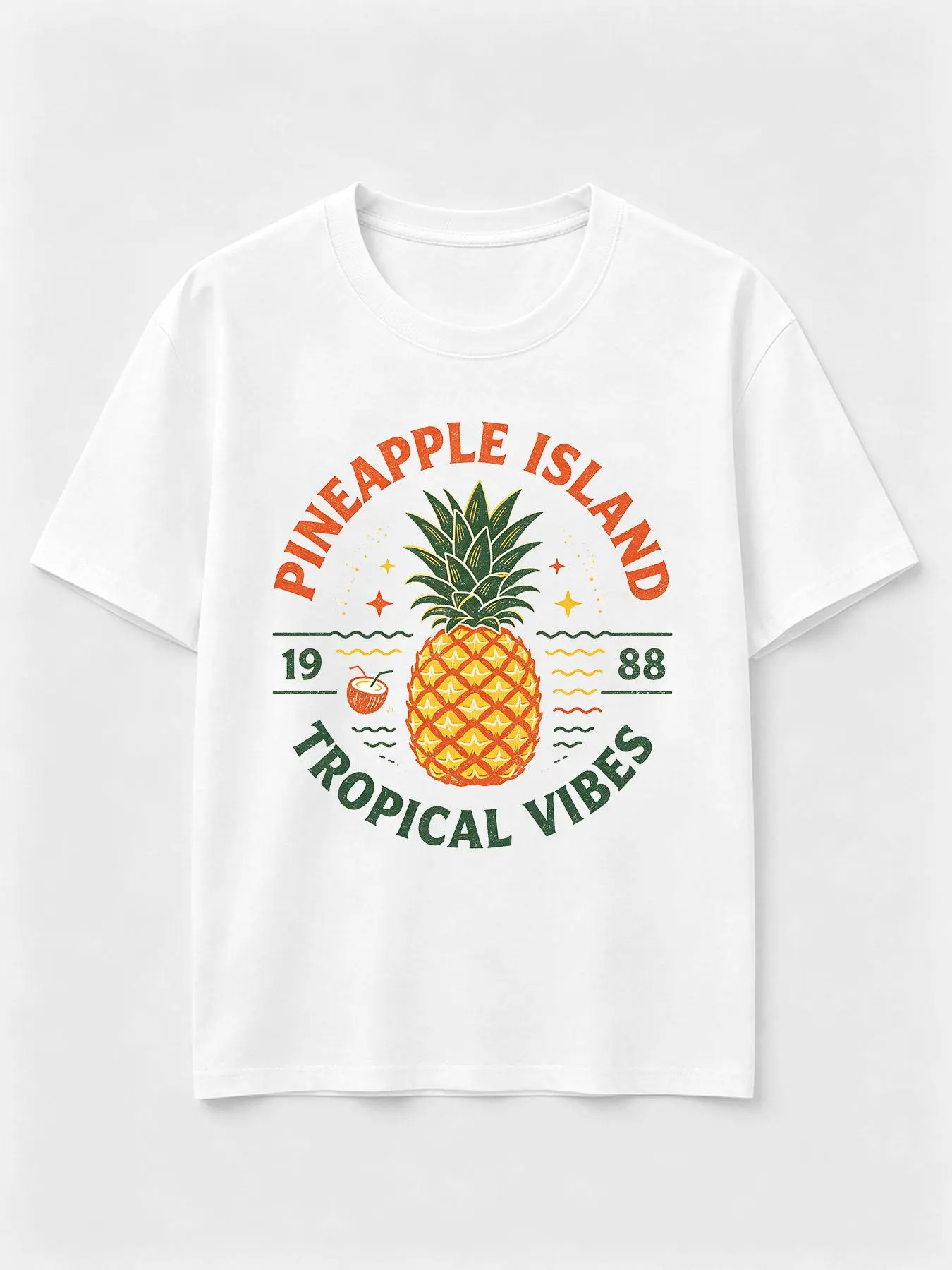 Pineapple Island Vintage Tropical Graphic T Shirt, Retro Tropical Vibes Pineapple Tee, Casual Short Sleeve Cotton Shirt For Men Women