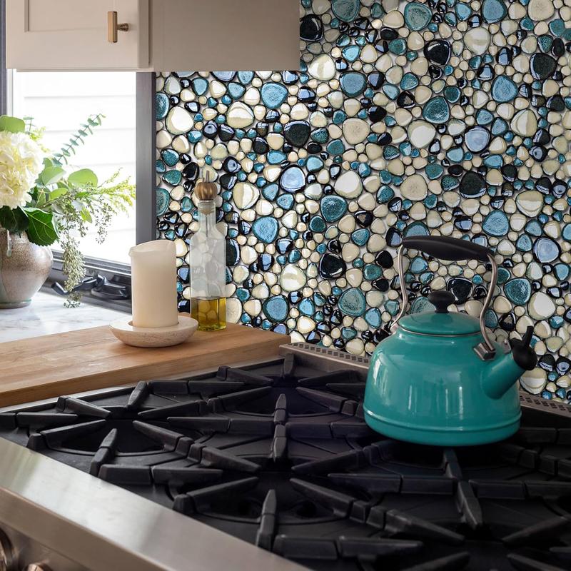 Pebble Tiles 5 Sheets, Aqua Teal Blue Mosaic Tiles for Accent Wall Backsplash, Pebble Tile for Bathroom Shower Floor