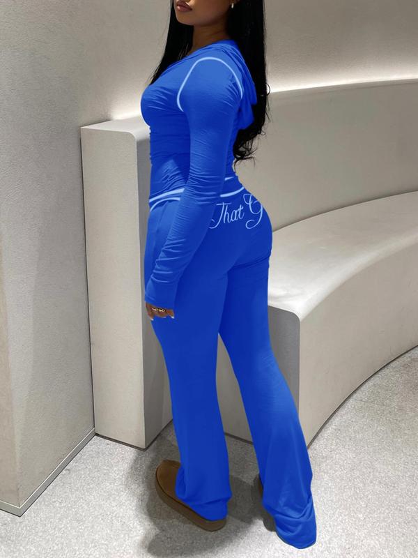 【LovelyWholesale】Women's Casual Sporty Cute Colorblock Print Zipper Design Top Flared Long Pants Set, Lovely Wholesale Us Fashion