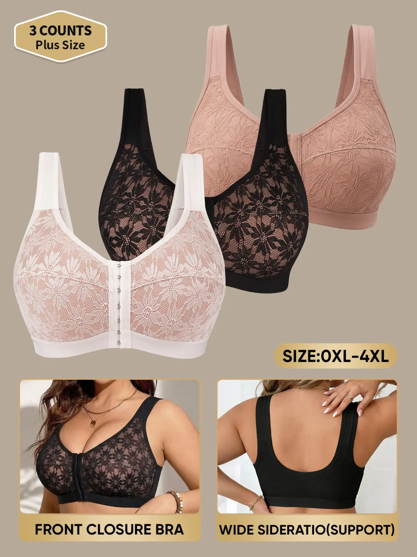 3-Pack MEIYATING Plus Size Backless Bras, 0xl-4xl, Front Buckle, Wide Straps, Full Coverage, Soft Breathable, Casual Lingerie Underwear, Fit, Front Closure Bra