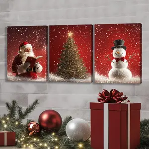 Christmas Wooden Framed Canvas Painting, 3 Counts/set Snowman & Santa Claus & Christmas Tree Pattern Wall Art, Wall Decor for Home Living Room Bedroom
