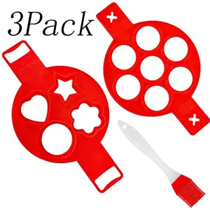 3 Pack Silicone Pancake Mold,include 1 brush,Reusable Silicone Non Stick Pancake Maker Egg Ring Maker,Generic Flip Cooker Pancakes Mold,for Pancakes Kitchen Utensils