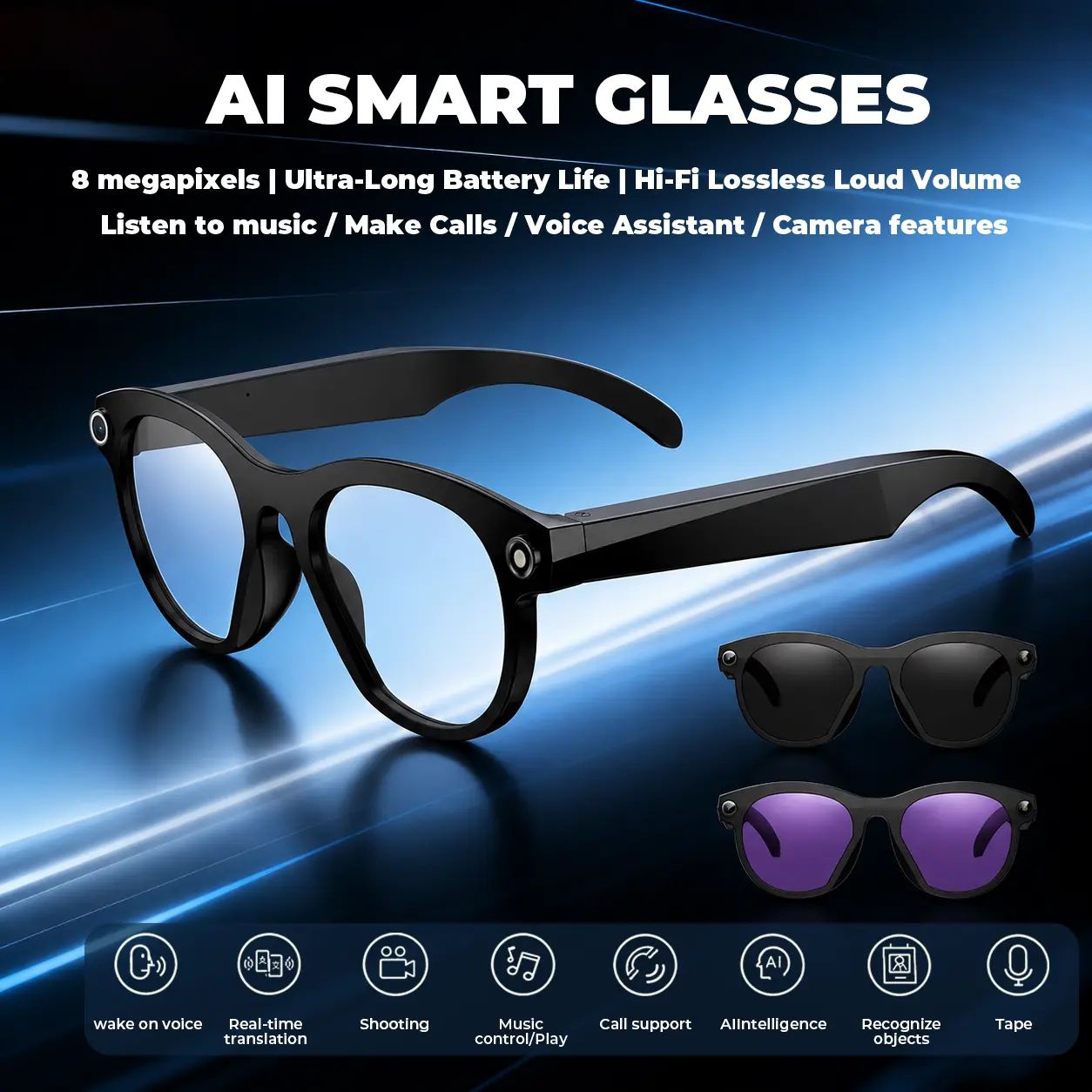 Smart AI Camera Glasses with 8MP Photochromic Lenses ,Button Touch Adjustment for Travel Outdoor Adventures Hands-Free Photography 160+Languages Real-Time Translation Bluetooth Wireless Wearable Video Recording UV Protection