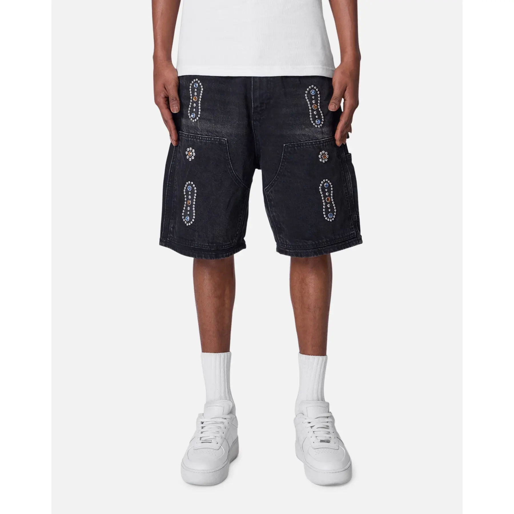 MNML Double Western Jewel Denim Shorts Washed Black