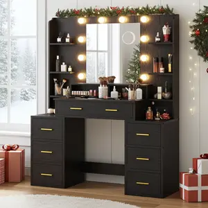 Sikaic Glass Top Makeup Vanity with Mirror and LED Lights, 10x Magnifying Mirror & Power Outlet, big Vanity Desk with 8 Drawers & 6 Shelves, 3 Light Settings