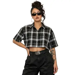 CalTop Women's Crop-Top Shirt - Plaid Pattern, Short Sleeve, Casual Style, Womenswear Blouse