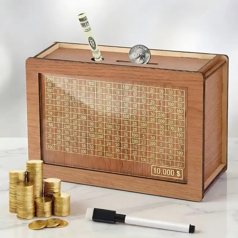 Wood $10,000 Savings Challenge Box - Reusable Piggy Bank, Progress Tracker, Secure Cash Storage, Educational Home Decor Gift for Kids, Home Supplies