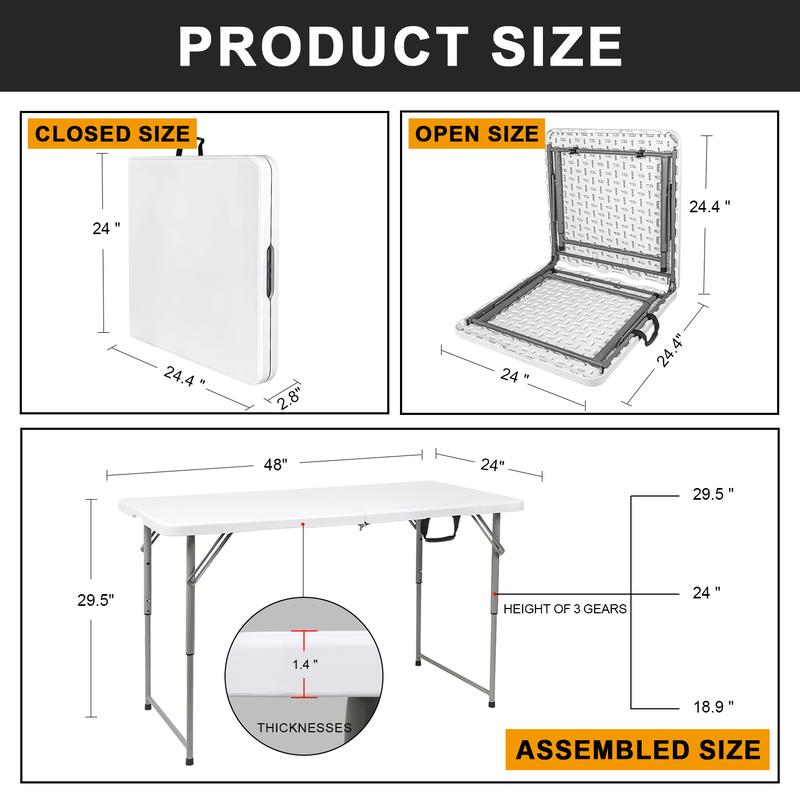 Wisdomfixtures 4FT Adjustable Height Heavy Duty Plastic Fold-in-Half Portable Folding Table with Carrying Handle for Camping and Party Use