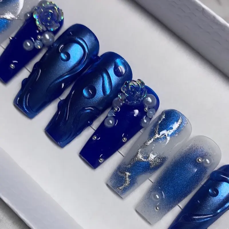 Blue Aura Nails, Chrome Nails, Long Coffin Nails, 3d Nail Art, Press on Nails