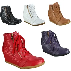 Women's High Top Fashion Round Toe Lace Up Quilted Wedge Sneaker Shoes in Black White Tan Red Purple Size 5 to 11
