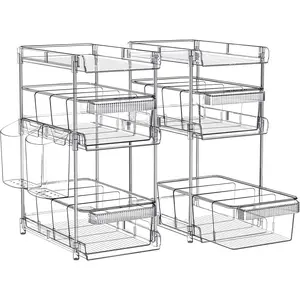 Organizers 3 Tier, Pull Out Organizer and with 2 Cups, Slide Out Drawer Container with 6 Dividers, Multi-Purpose Organizer, Sink Organizer