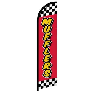 Banner Flag – Red Mufflers Design with Checkered Pattern, Auto Service Shop Signage, Outdoor Advertising
