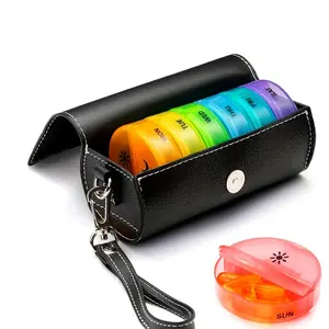 Weekly Pill Organizer Box, Medicine Organizer, 7 Day Large Capacity Round Tablet Storage Case, Portable Faux Leather Bag Included, Suitable for Vitamins & Fish Oil Supplements, Vitamin Dispenser