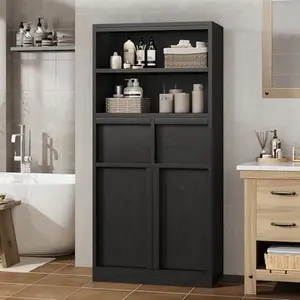 Black Tall Bathroom Cabinet, Floor Storage Cabinet with Doors & 2 Drawers, 51" H Tall Organizer Cabinet Freestanding for Bathroom, Living Room, Kitchen & Pantry
