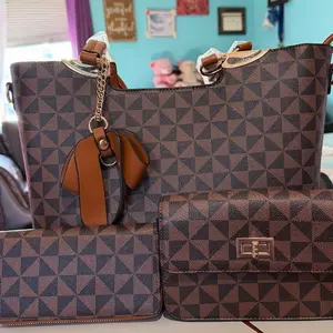 Set of 3 Brown and Black Checkered Bags with Chain Handles and Leather Accents