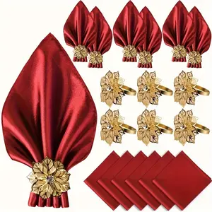 Satin Napkin and Gold Floral Napkin Ring Set - Tableware - 6 17x17 "Solid Square Napkins with 6 Decorative Rings, Polyester Satin for Holiday Table Decorations, Red, Green, Home