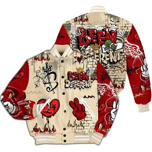 Varsity Jacket To Match Dunk Low Strawberry Waffle Been Dif2erent Drip Graffiti All Over Print High-Grade Polyester Knit Fabric Snap Closure Elastic Cuffs Waistband Collar Side Seam Pockets