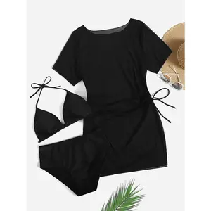PlainBlackStretchy3PieceSetSwimsuits,TriangleHalterBikini&DrawstringMeshShortSleeveCoverUpDress,Women'sSwimwear&Clothing