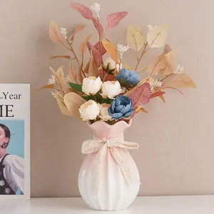 Ceramic Flower Vase with Gradient Glaze & Lace Bow Design, French Country Style, Creamy Aesthetic, Perfect for Home Decor