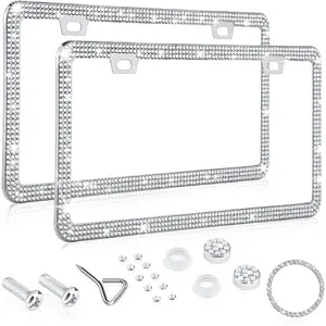 License Plate Frame,Luxury Clear Glass  Rhinestone Bling License Plate Frame, Thin Border Stainless Sparkly Bedazzled License Plate Frames for Women Cute with Anti  Screw (2Pack)