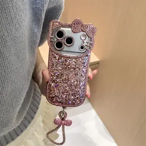 Adorable 3D Luxury Flash Phone Case Cover with Chain Protective Shockproof Card for iPhone 17 11 12 13 14 15 16 Pro Max Fundas
