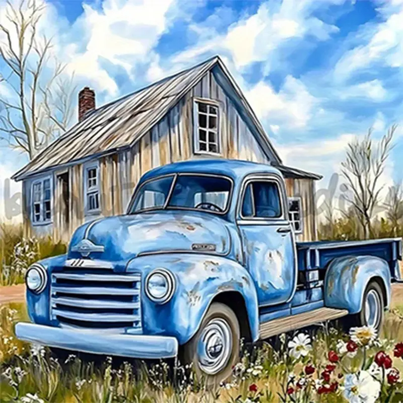 5D Full Drill Vintage Blue Truck & Country Cottage Diamond Painting Kit - Crafts Nostalgic Farmhouse & Rural Art | DIY Gift for Father's Day, Birthday & Home Decor | Perfect Wall Art for Living Rooms, Farmhouses & Porches