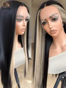 Gktineke 30 Inch Straight Long Hiar Lace Frontal Wigs Pre-Tied Ready Wear, HD No Glue 13x5x1 Women Synthetic Lace Front Black Blond Wig 180 Density
