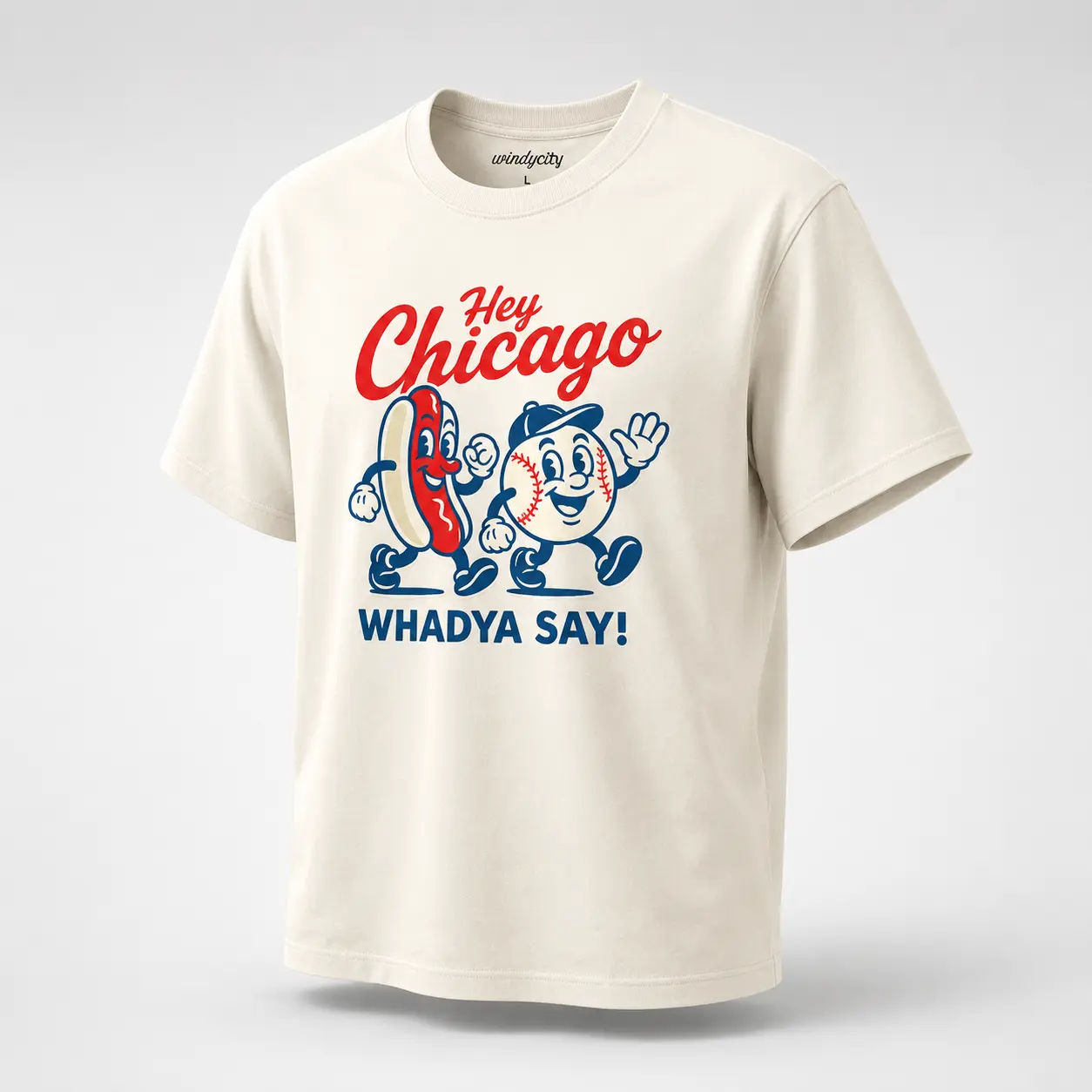 Women's Classic Graphic T-Shirt, Shortsleeve Vintage Top with a Chicago Baseball Mascot Print in Natural Cream, Casual, Retro, Soft, Tee